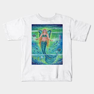 "Inner Peace mermaid" with tropical fish in the ocean copyright Renee L Lavoie Kids T-Shirt